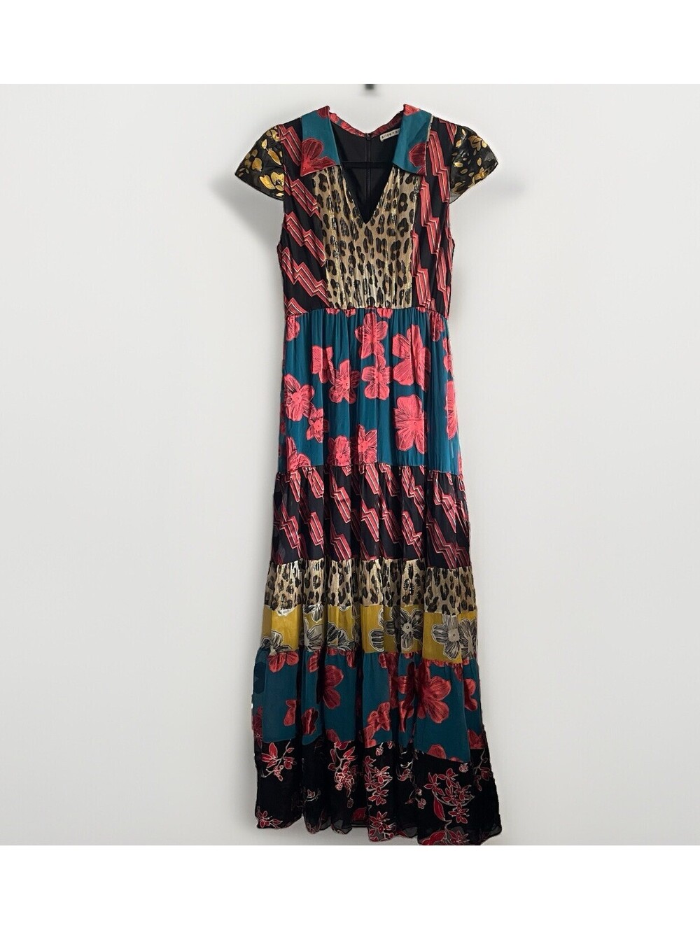 Alice + Olivia Della Dress Sz 8 Mixed Print Silk Burnout Boho Maxi MSRP $795